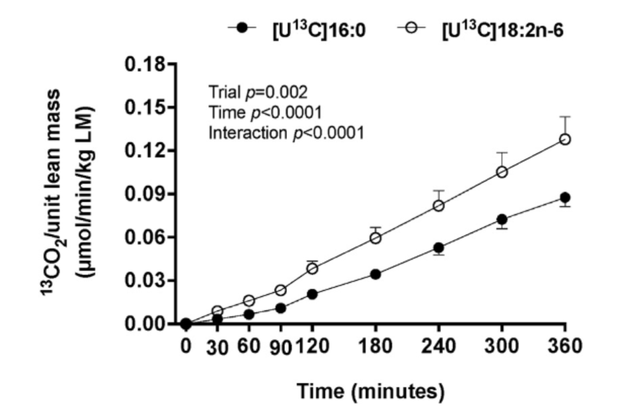 Graph clearly showing that from 30 minutes postprandial onwards, the appearance of the PUFA-tracer is significantly greater.